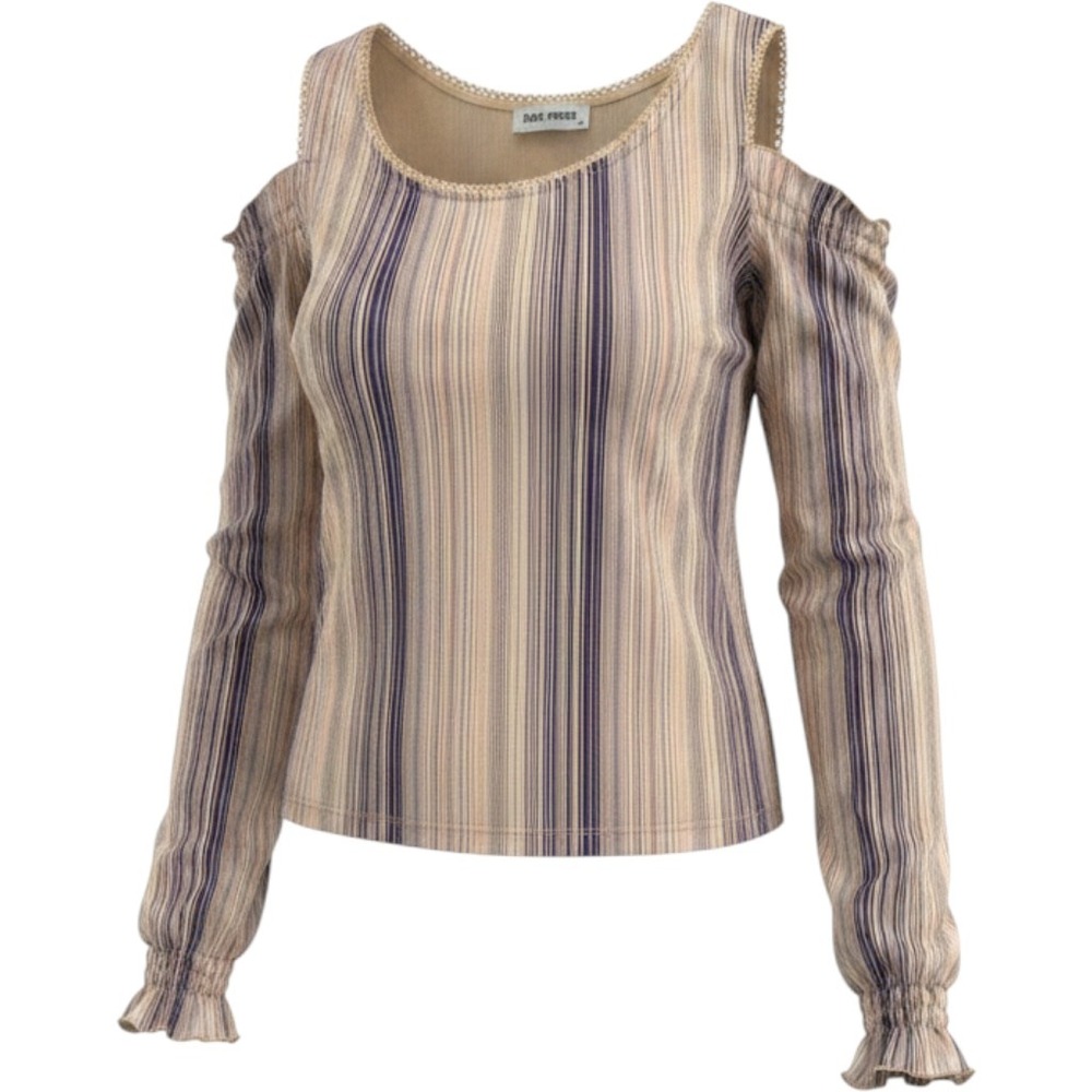 Y2K Max Moda Cold Shoulder Striped Top Purple Tan Ruffle Cuff Size 38 SPAIN MADE